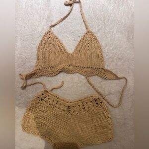 Tan Crochet Bikini with Intricate Design